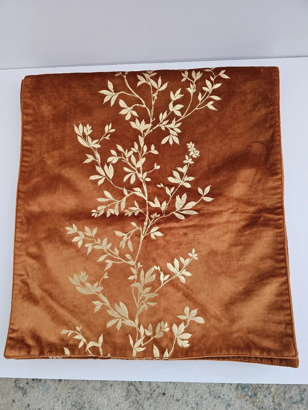 Vintage Rust Velvet Table Runner Gold Embroidered Botanical Vine Autumn Decor